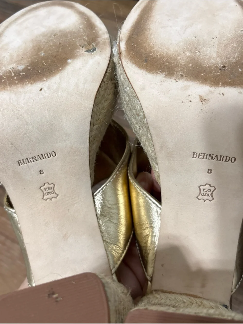 Bernardo Metallic Gold Espadrille Platform Thong Heels